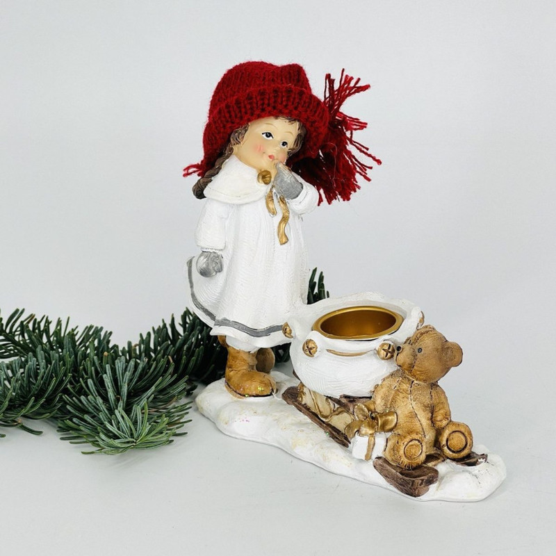 Souvenir candlestick girl with sleigh and teddy bear, standart