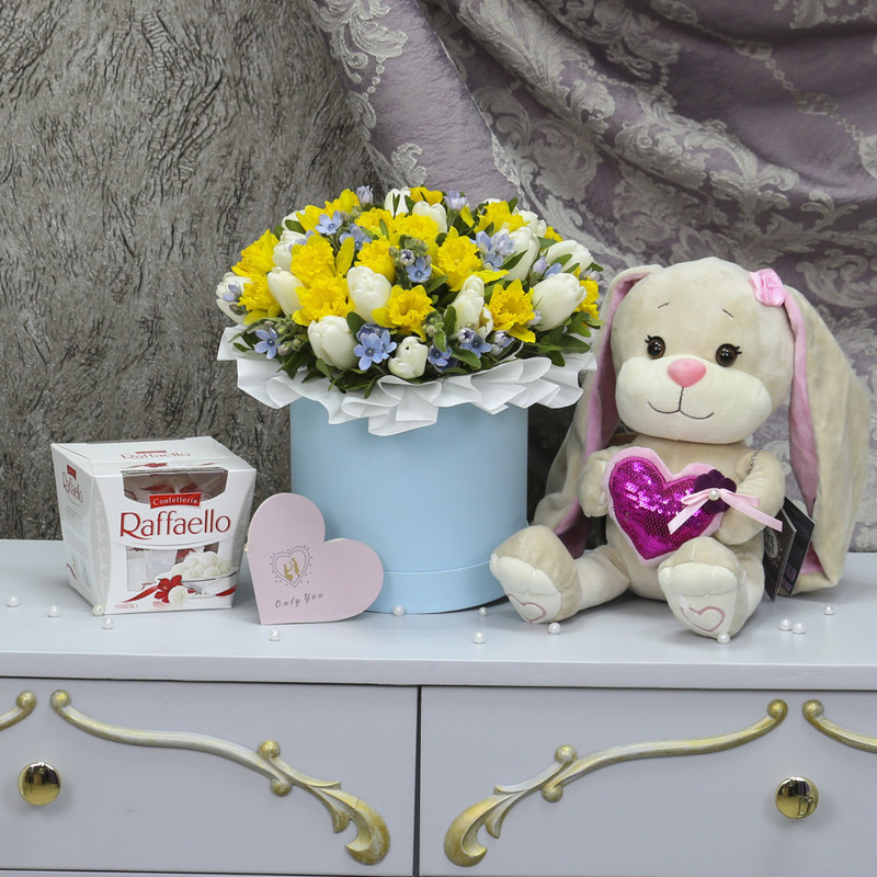Combo set: Box with flowers "Marquise", Hare, Raffaello sweets, standart