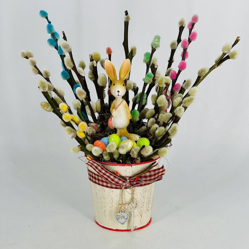Bouquet of multi-colored willow in a tin bucket with a rabbit, standart