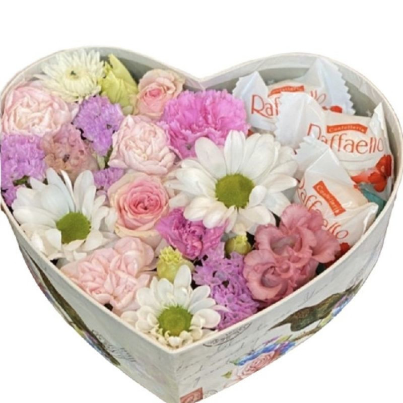 Composition of flowers in a box in the shape of a heart, standart