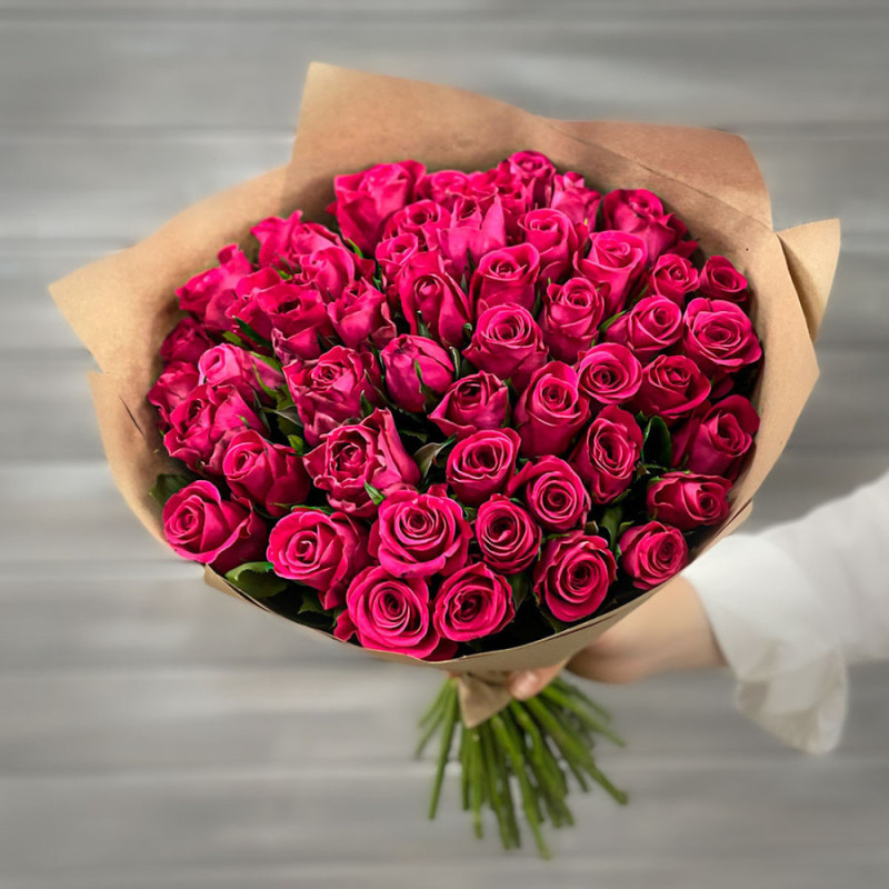 Bouquet of 51 crimson roses 40 cm in craft, standart