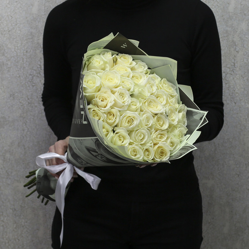 35 white roses "Avalanche" 50 cm in designer packaging, standart