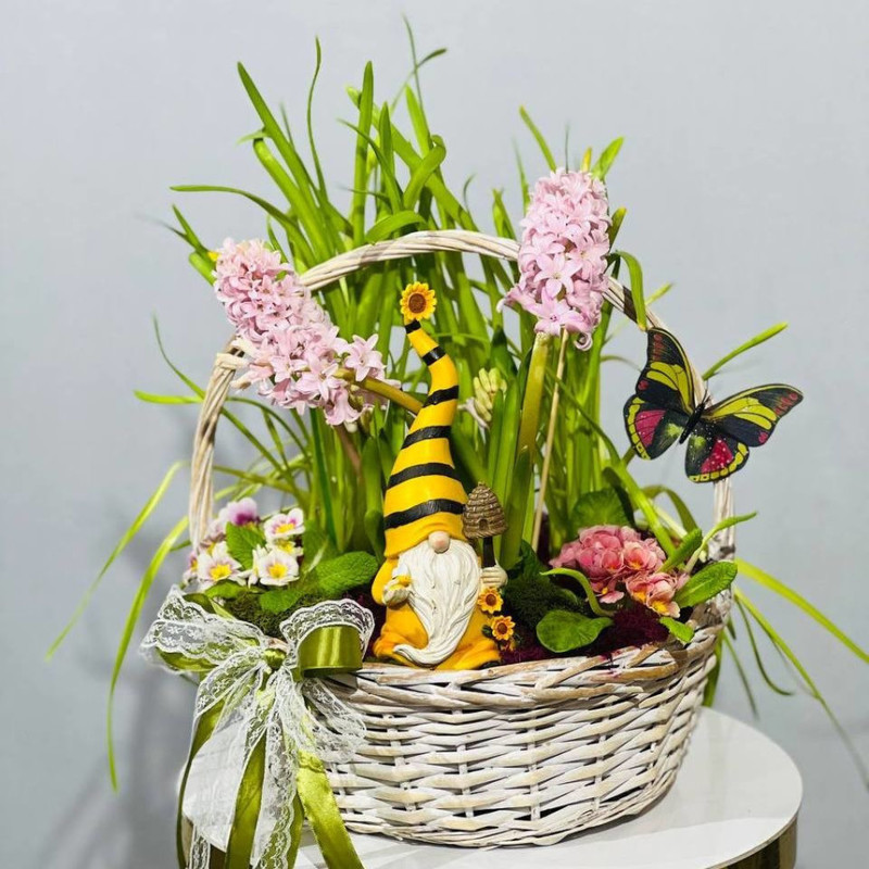 A large basket with primroses, a mini garden, standart