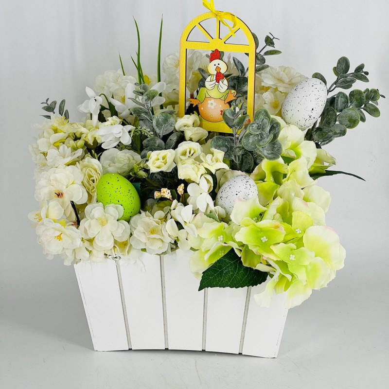 Easter interior composition made of artificial flowers, standart