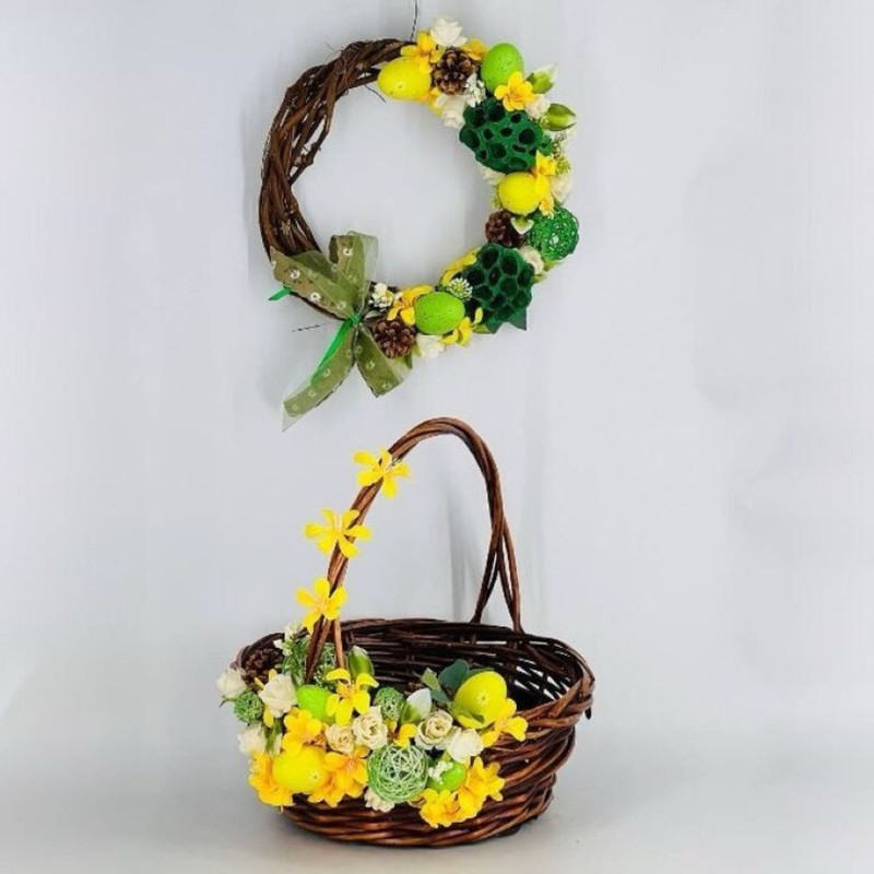 Easter composition wreath and cozine with artificial flowers, standart
