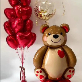 Set of air hearts with teddy bear balloon