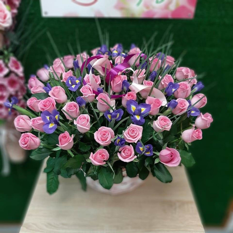 Basket of roses and irises "My feelings", standart