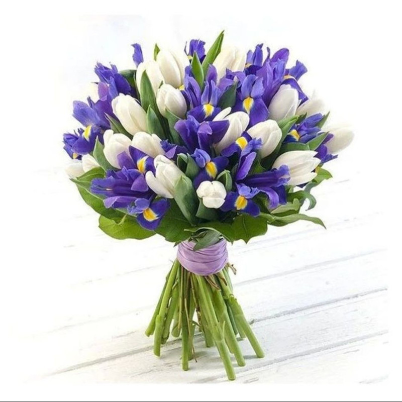 Bouquet of white tulips and irises, standart