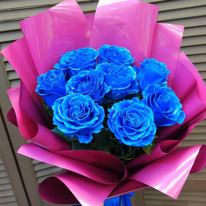 9 синих роз эквадор в оформлении, стандартный