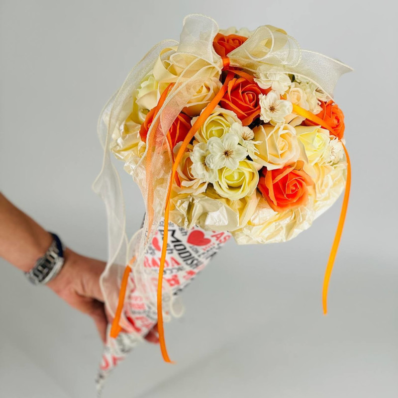 Designer bouquet of soap roses and hydrangeas in a horn, standart