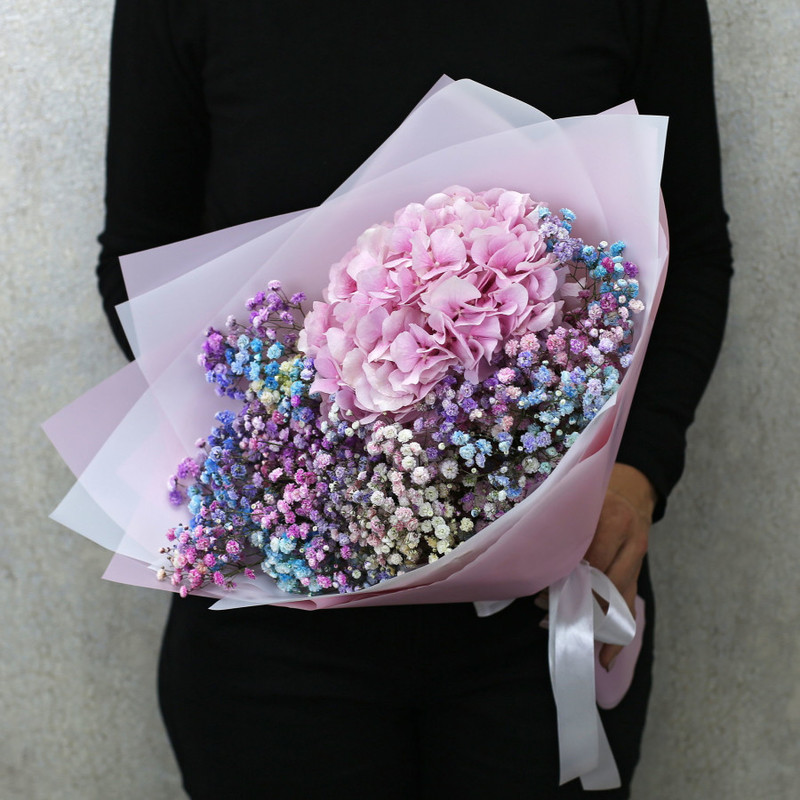Bouquet of pink hydrangea and rainbow gypsophila in designer packaging, standart