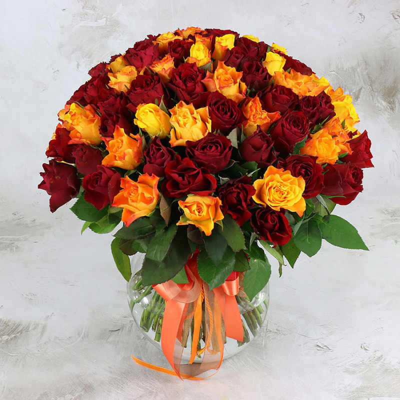 Bouquet of 101 yellow and red roses 40 cm, standart