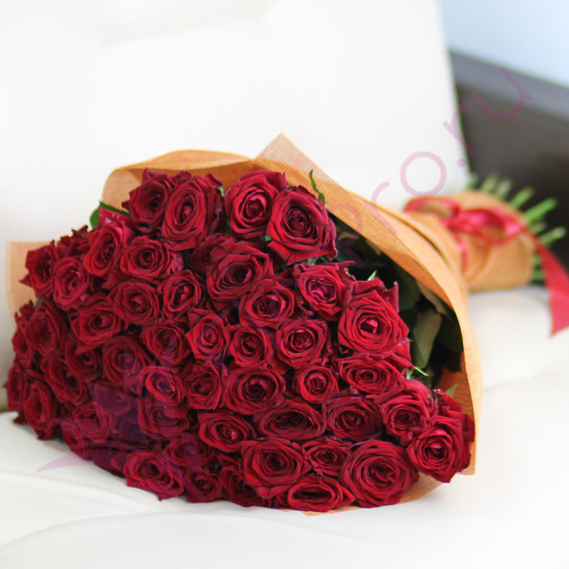 Bouquet of 51 roses "Red roses in a grid" 60 cm, standart