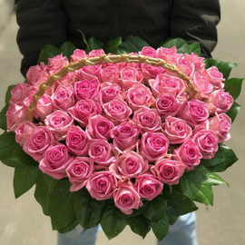 51 delicate roses with a heart in a basket
