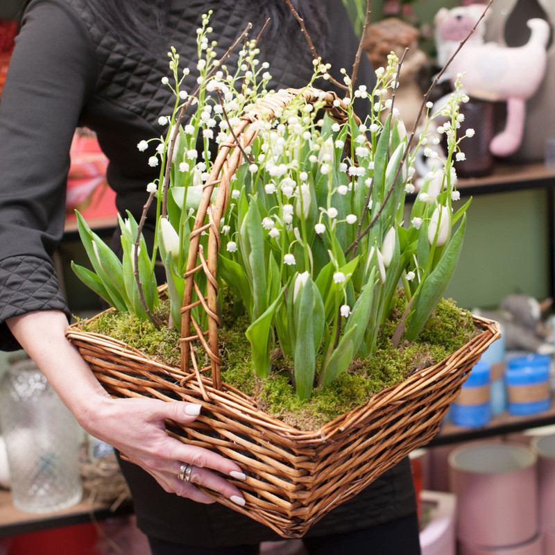 Basket with lilies of the valley and tulips, standart