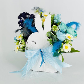 Easter bouquet of artificial flowers in flower pots rabbit