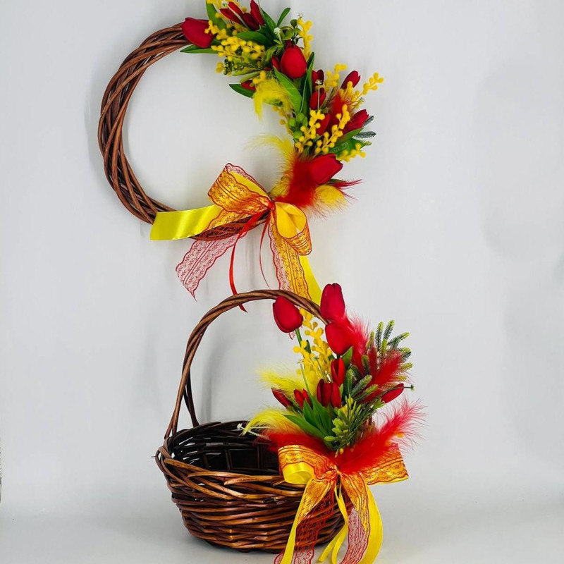 Easter set of basket and wreath made of natural wicker with artificial flowers, standart