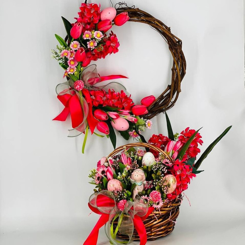 Easter wreath and bouquet of artificial flowers in a basket, standart