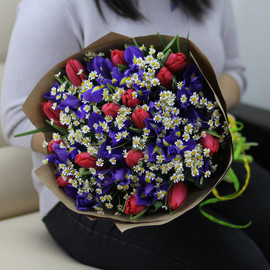 Bouquet "Red tulips, daisies, blue irises"
