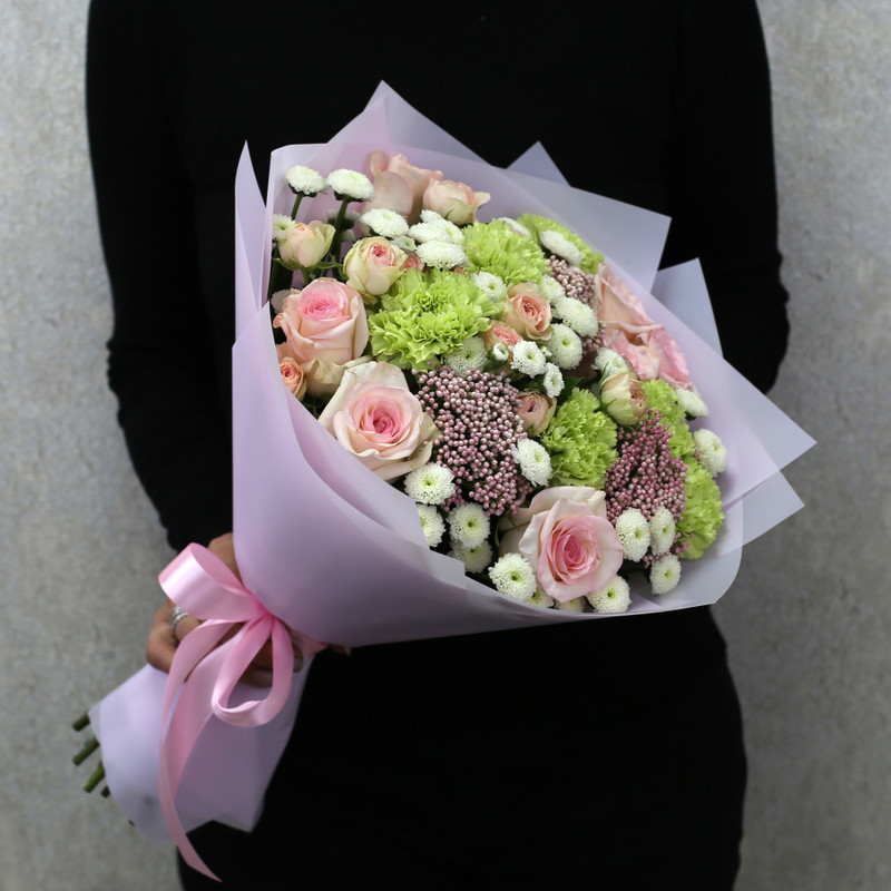 Букет из роз, гвоздики и хризантемы "Приятное напоминание", стандартный