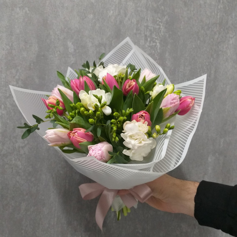 Bouquet with peony tulips and fragrant freesia, standart