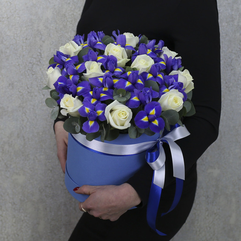 Box with white roses and blue irises "Mirage", standart