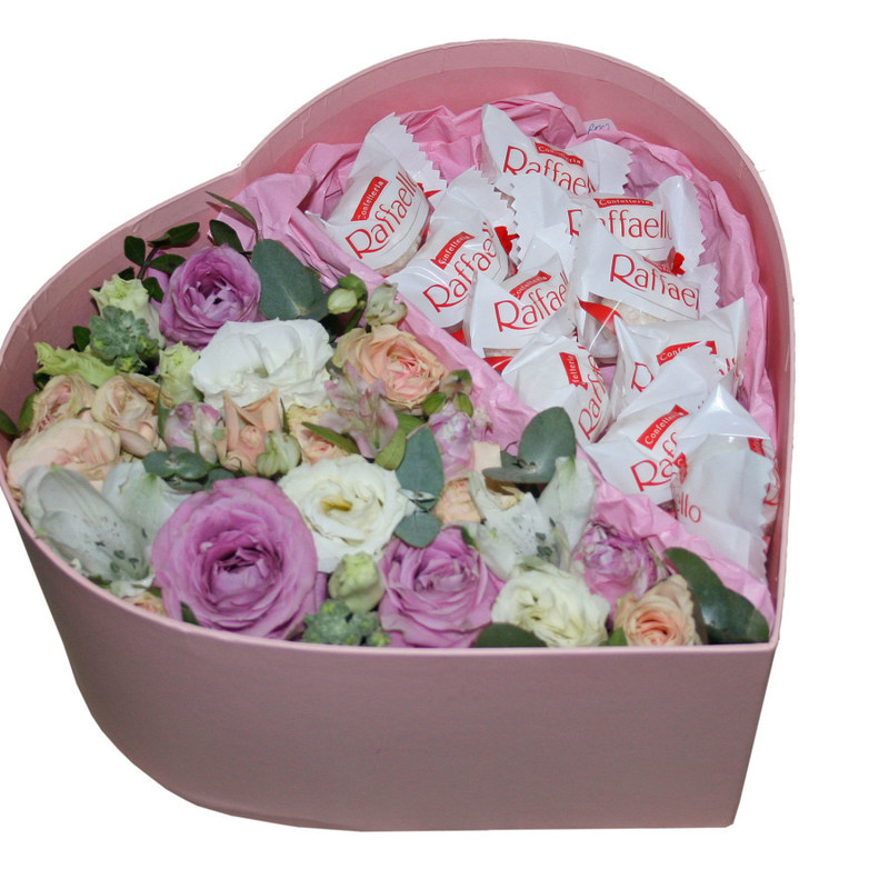 Коробочка с цветами и конфетами "Рафаэлло", стандартный