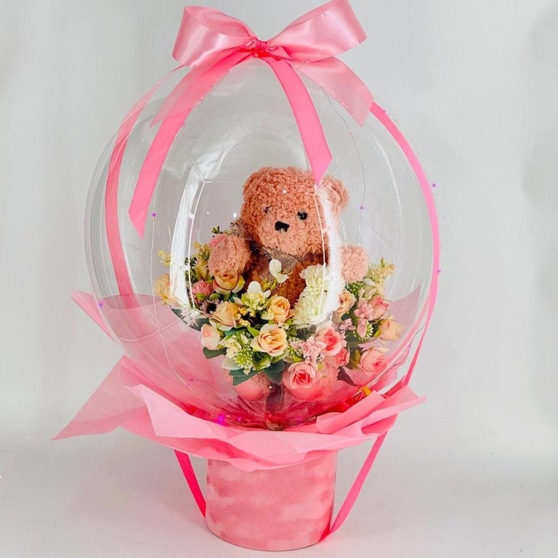 Gift for discharge from the maternity hospital: a bouquet of artificial flowers with a ball and a soft toy, standart