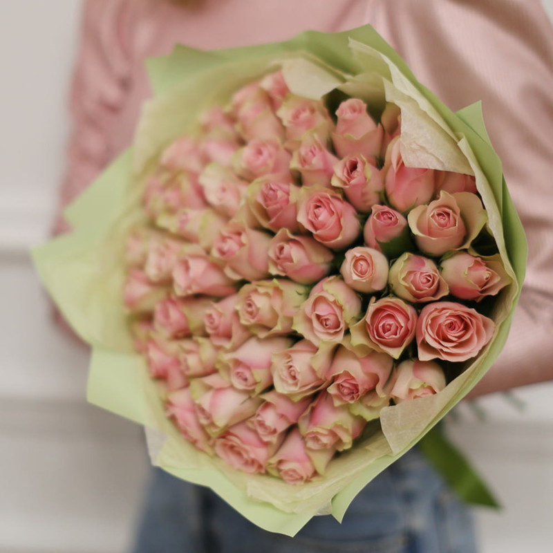 51 pink roses in a pistachio package, premium