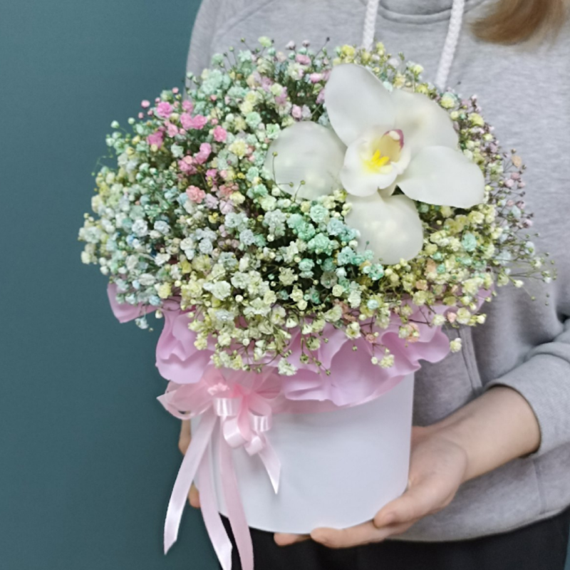 Composition of Rainbow Gypsophila and White Orchid, standart