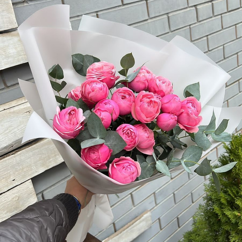 Delicate bouquet of pink peony roses, standart