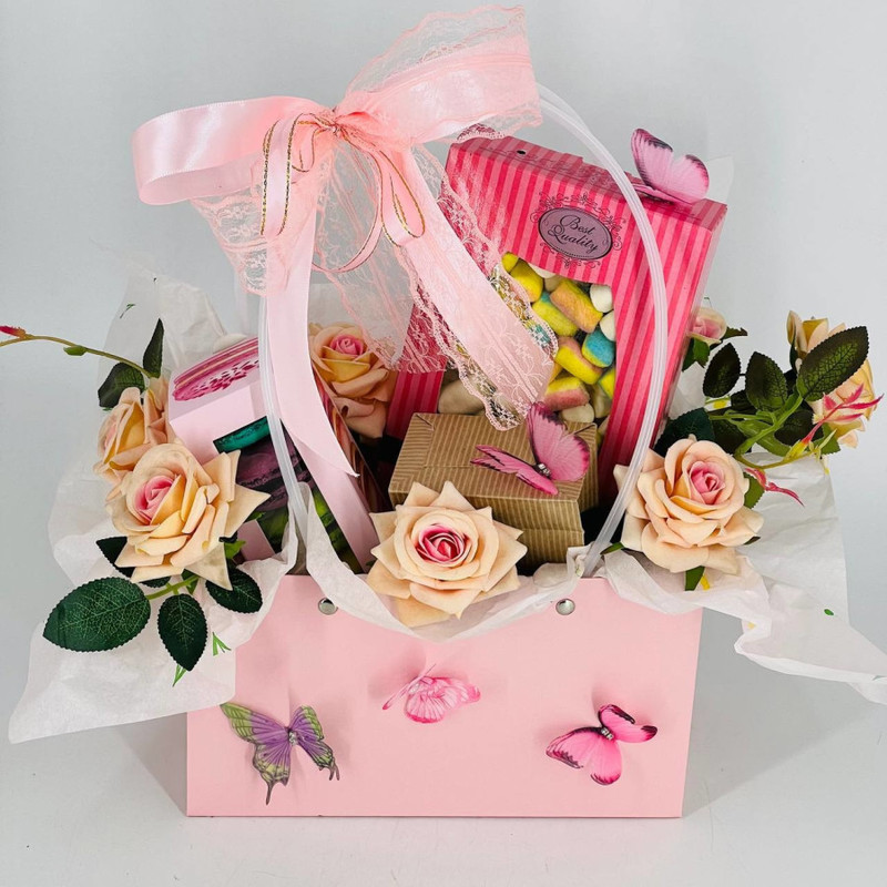 Sweet bouquet in a bag with elite tea, coffee and macaroons, standart