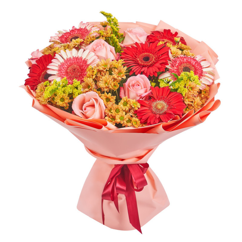 Bouquet of delicate roses, bright gerberas and spray chrysanthemums, standart