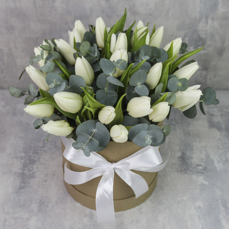 Box with tulips "25 white tulips with eucalyptus", standart