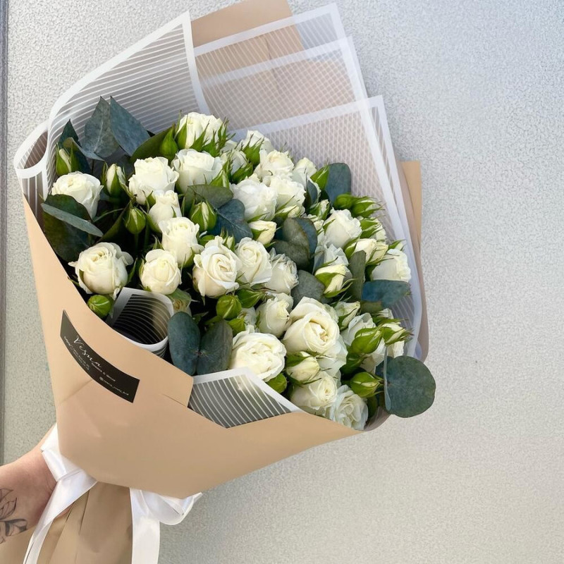 Bouquet of spray roses with sprigs of eucalyptus, standart