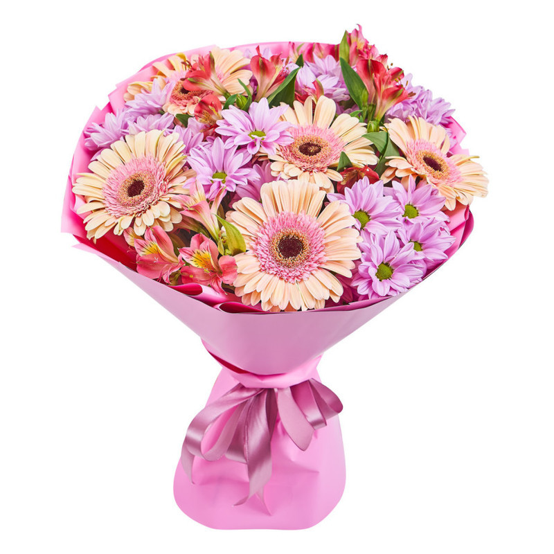 Bouquet of pink chrysanthemums, gerberas and alstroemerias, standart
