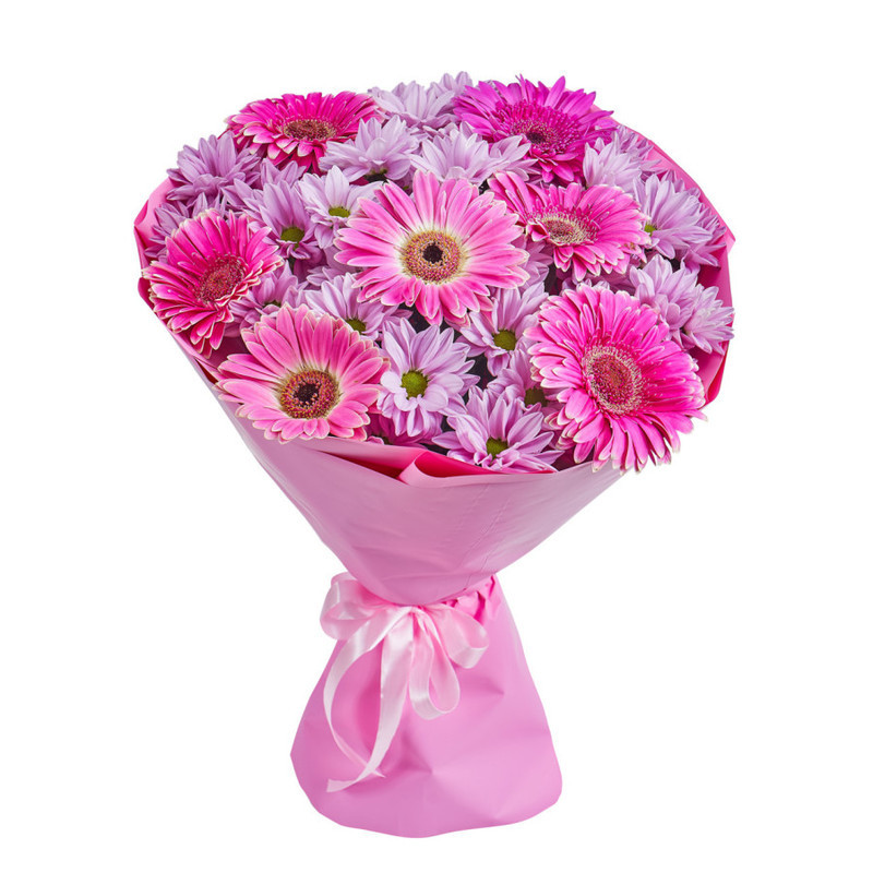 Bright bouquet of gerberas and spray chrysanthemums, standart
