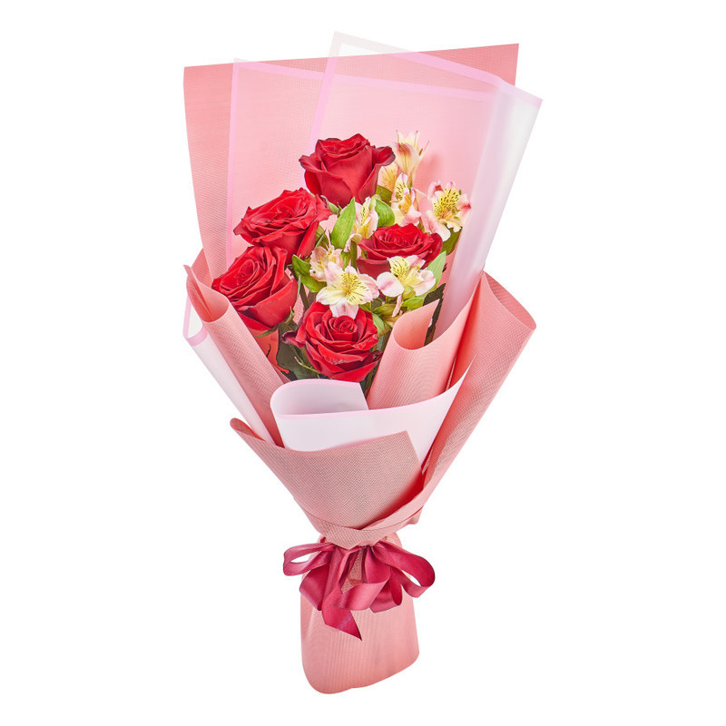 Bouquet with red roses and delicate alstroemerias, standart