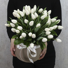 51 white tulips in a box