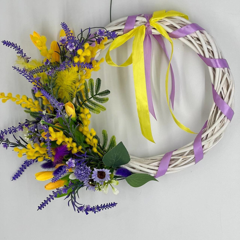 Easter wreath made of natural wicker with artificial flowers, standart