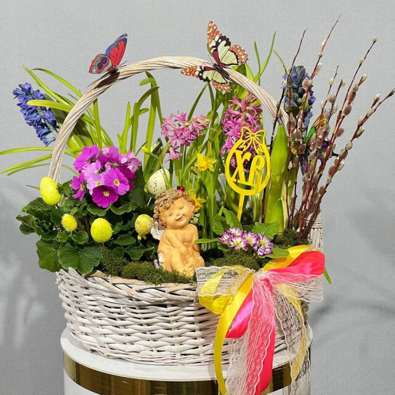 Easter gift huge basket with primroses and willow, standart