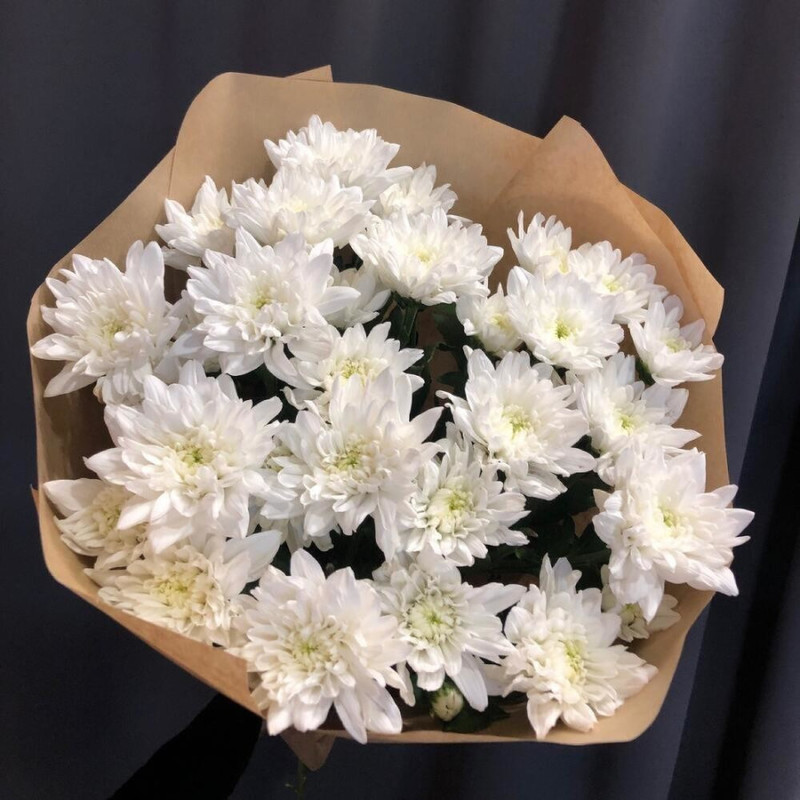 Compliment from white spray chrysanthemums in craft, standart