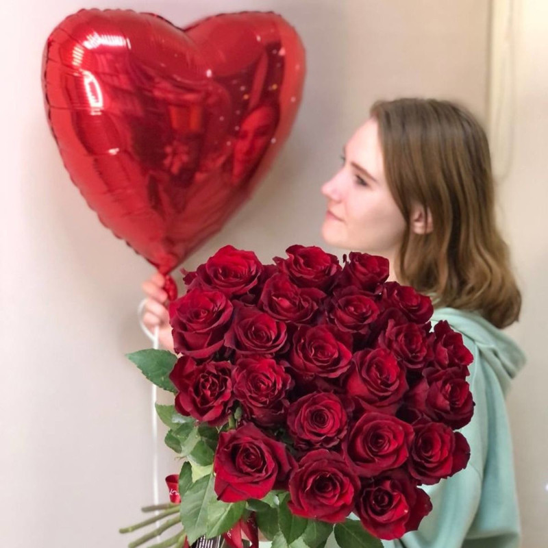 21 Premium roses + balloon Heart, standart