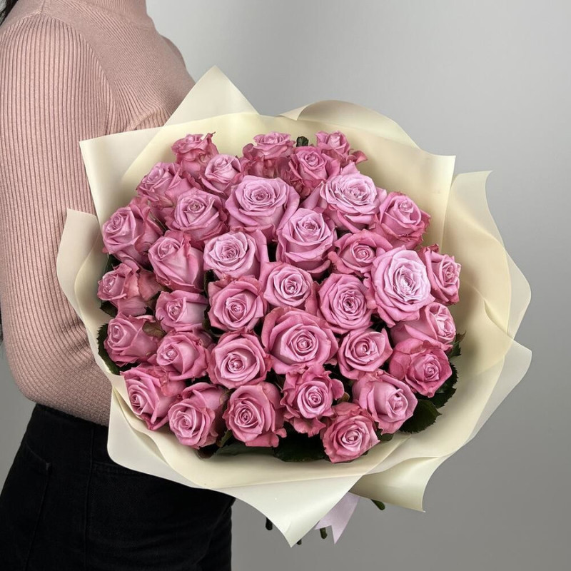 Bouquet of 35 purple roses in designer packaging 50 cm, standart
