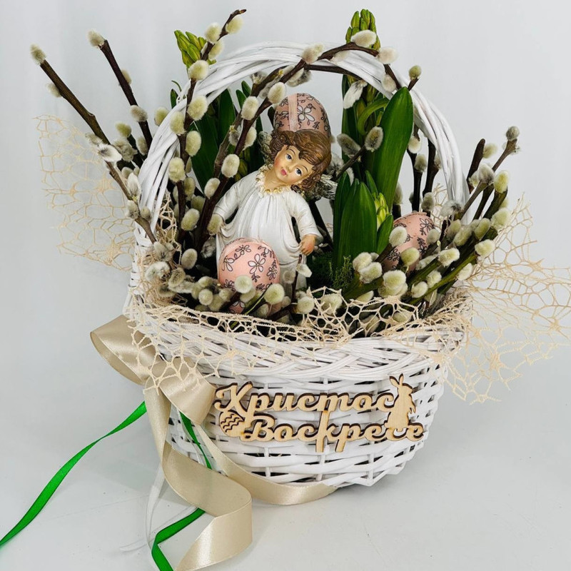 Easter composition of willow and hyacinths with an angel, standart