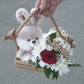Box of Bush Chrysanthemums and Roses + Soft toy - Hare