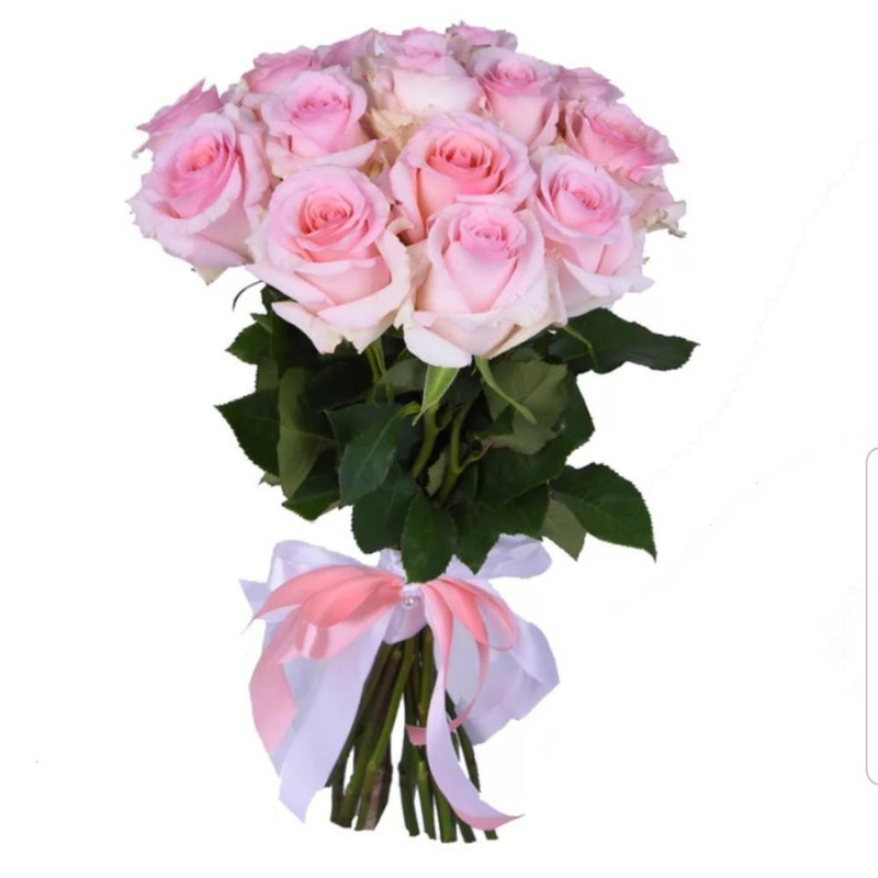 Bouquet of 15 most delicate pink roses on a ribbon, standart