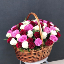 Multicolored roses in a basket