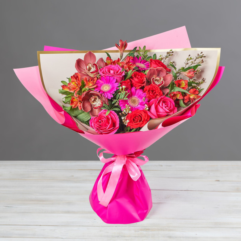 Bouquet of burgundy orchids, alstroemerias and roses, standart