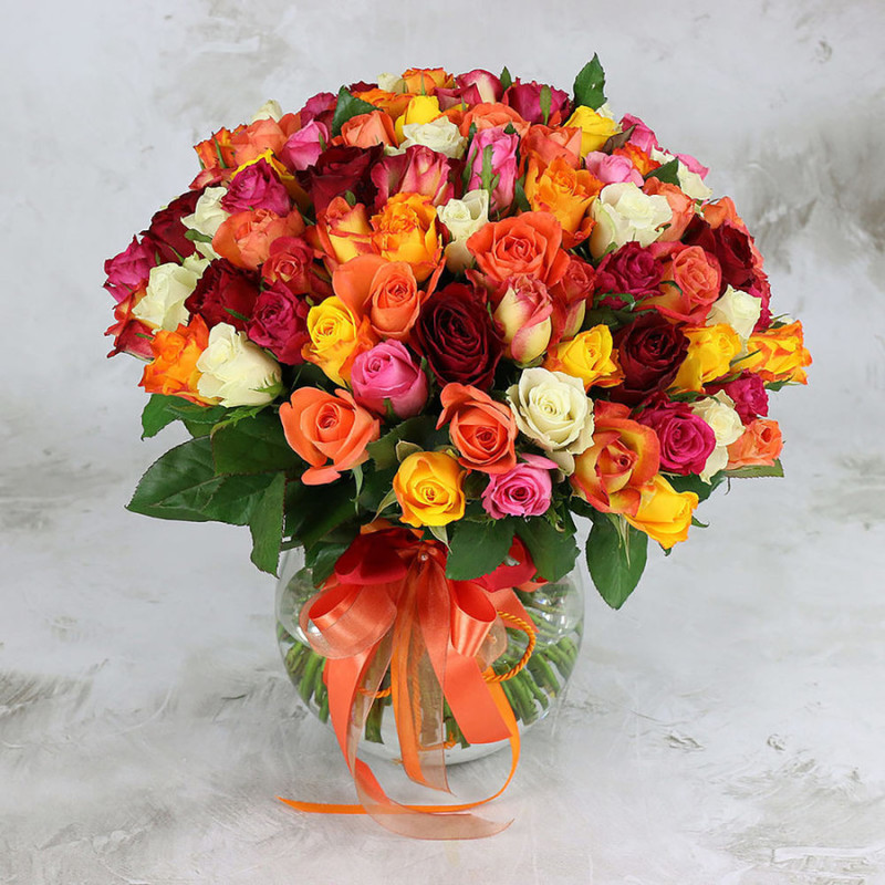 Букет из 101 разноцветной розы (40 см), стандартный